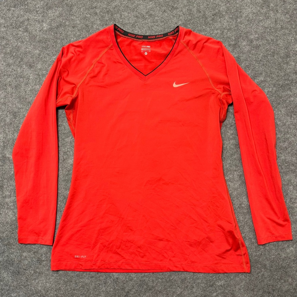 Nike Pro Long Sleeve Shirt Women XL Red Dri-Fit V-Neck Athletic Activewear Base